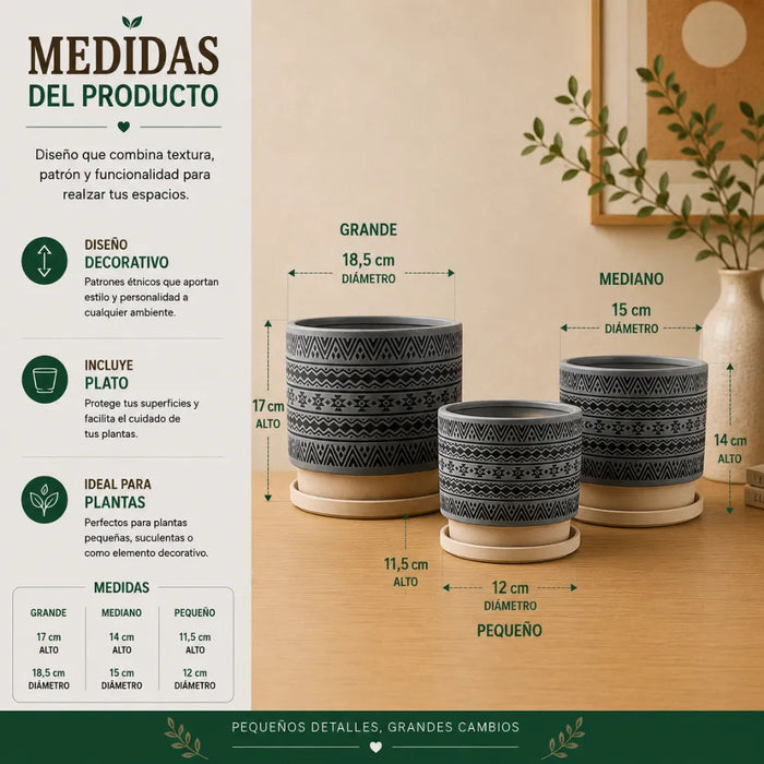 Set 3 Maceteros Maceta De Ceramica Gris Con Patrones Negros