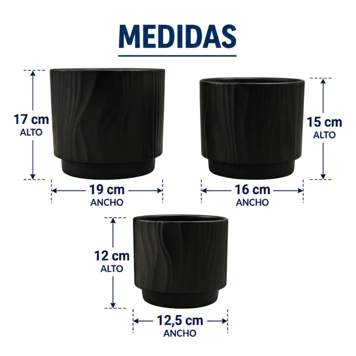 Set 3 Maceteros Maceta De Ceramica Negro Con Lineas