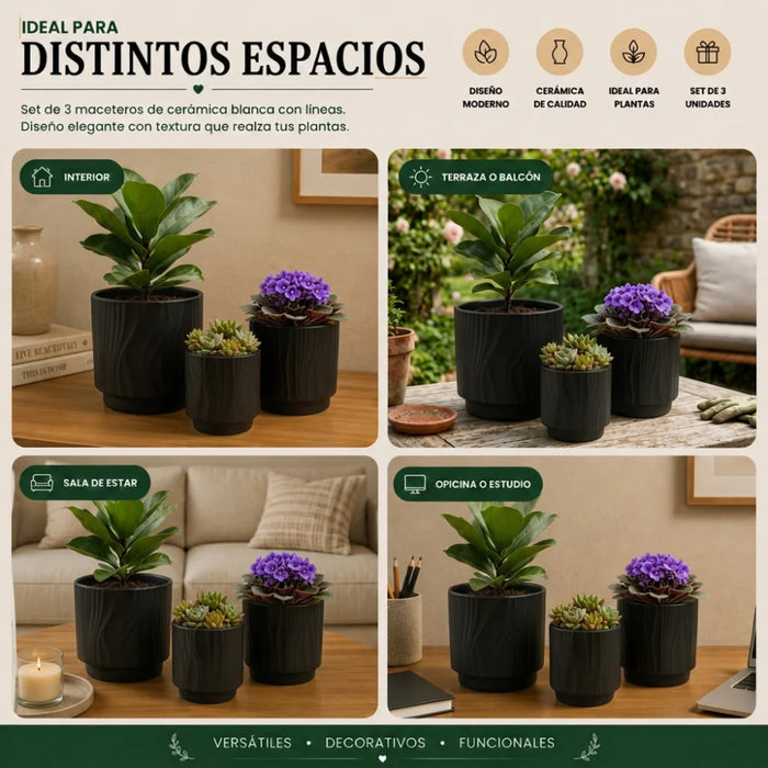Set 3 Maceteros Maceta De Ceramica Negro Con Lineas