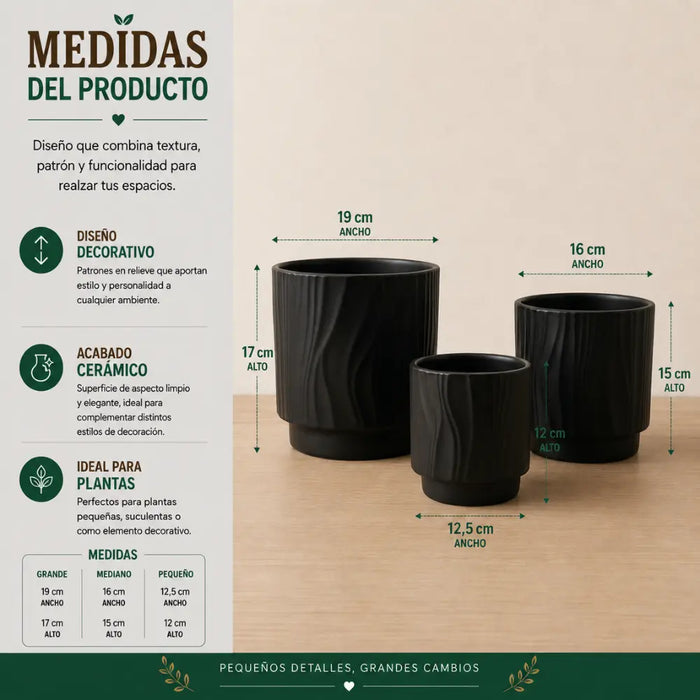 Set 3 Maceteros Maceta De Ceramica Negro Con Lineas