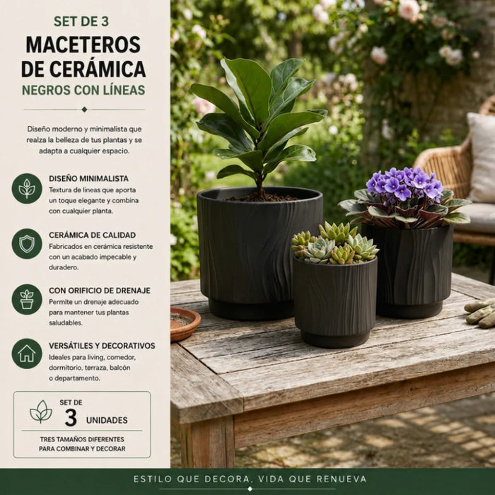 Set 3 Maceteros Maceta De Ceramica Negro Con Lineas