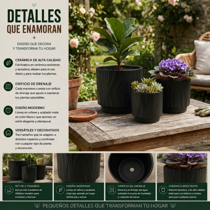 Set 3 Maceteros Maceta De Ceramica Negro Con Lineas