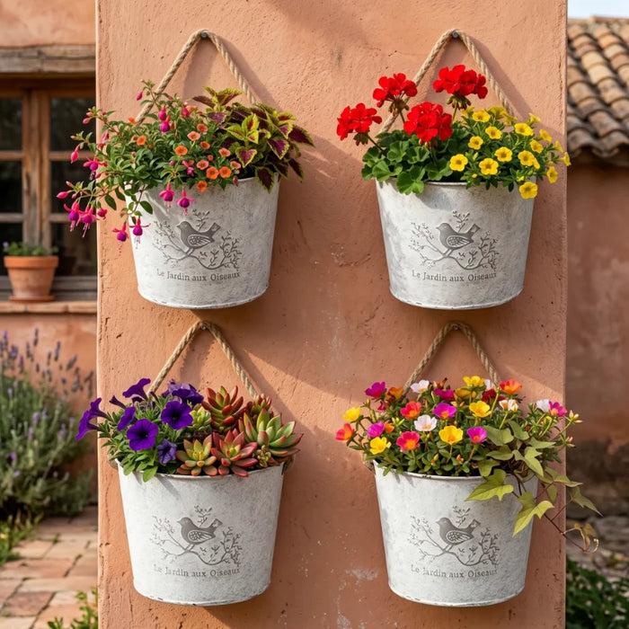 Set 3 Maceteros Metalicos Blancos Decorativo Con Asas Jardin