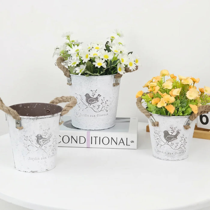 Set 3 Maceteros Metalicos Blancos Decorativo Con Asas Jardin