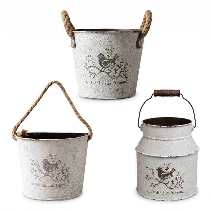 Set 3 Maceteros Metalicos Blancos Decorativo Con Asas Jardin