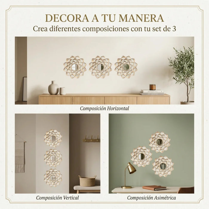 Set 3 Marcos De Espejos Decorativos Flor Para Pared Hogar
