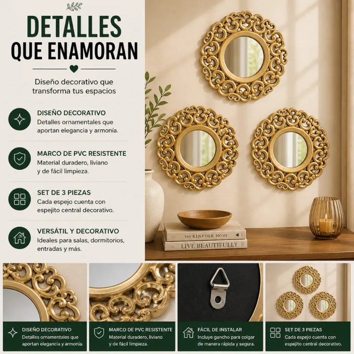 Set 3 Marcos De Espejos Estilo Arabe Decorativo Dorado Deco