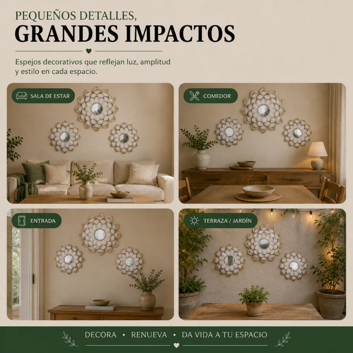 Set 3 Marcos De Espejos Flor De Loto Blanco Deco Grande