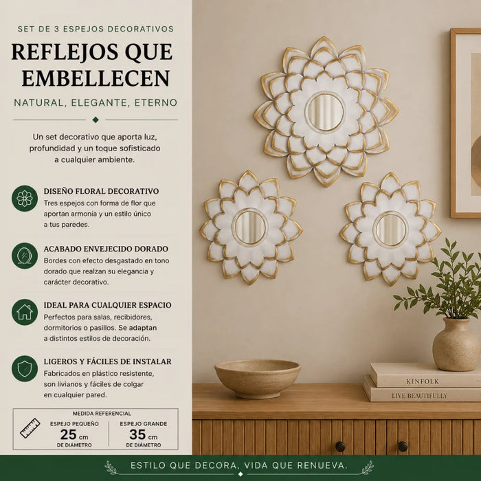 Set 3 Marcos De Espejos Flor De Loto Blanco Deco Grande