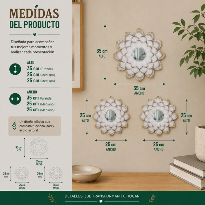 Set 3 Marcos De Espejos Flor De Loto Blanco Deco Grande