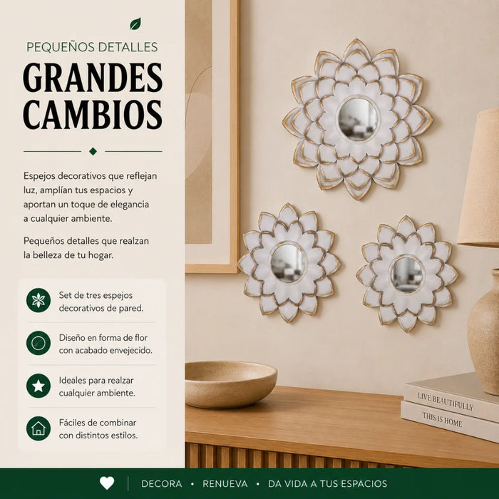 Set 3 Marcos De Espejos Flor De Loto Blanco Deco Grande