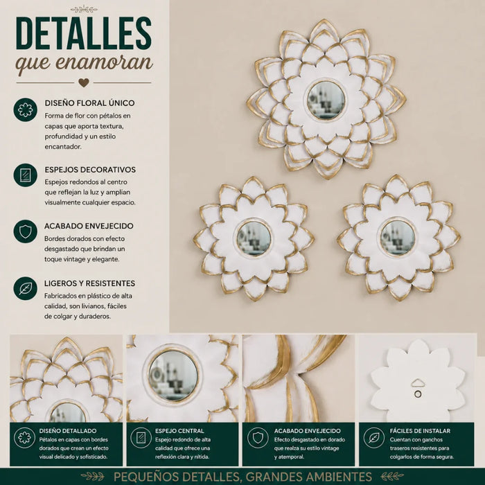 Set 3 Marcos De Espejos Flor De Loto Blanco Deco Grande