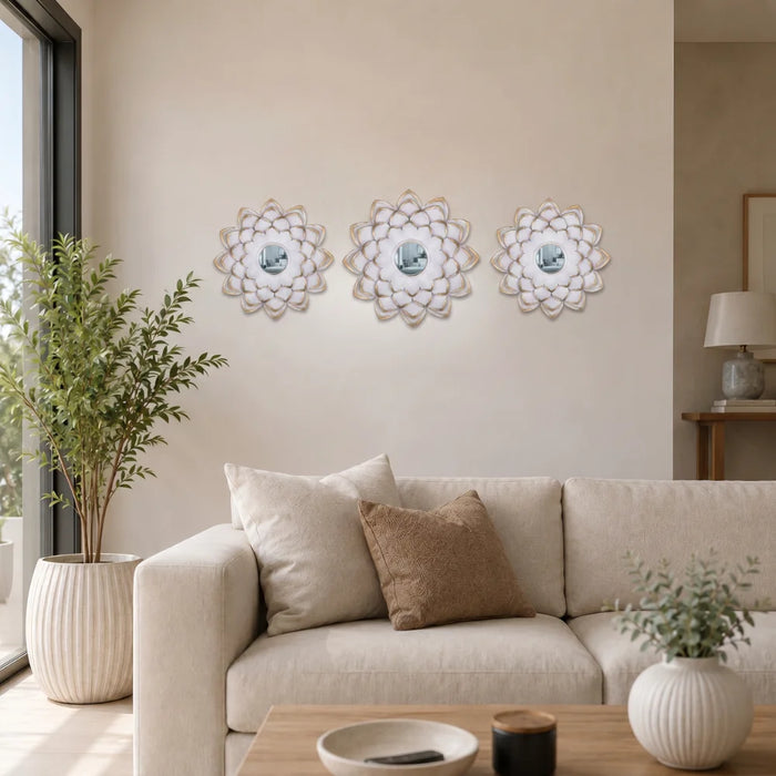 Set 3 Marcos De Espejos Flor De Loto Blanco Deco Grande