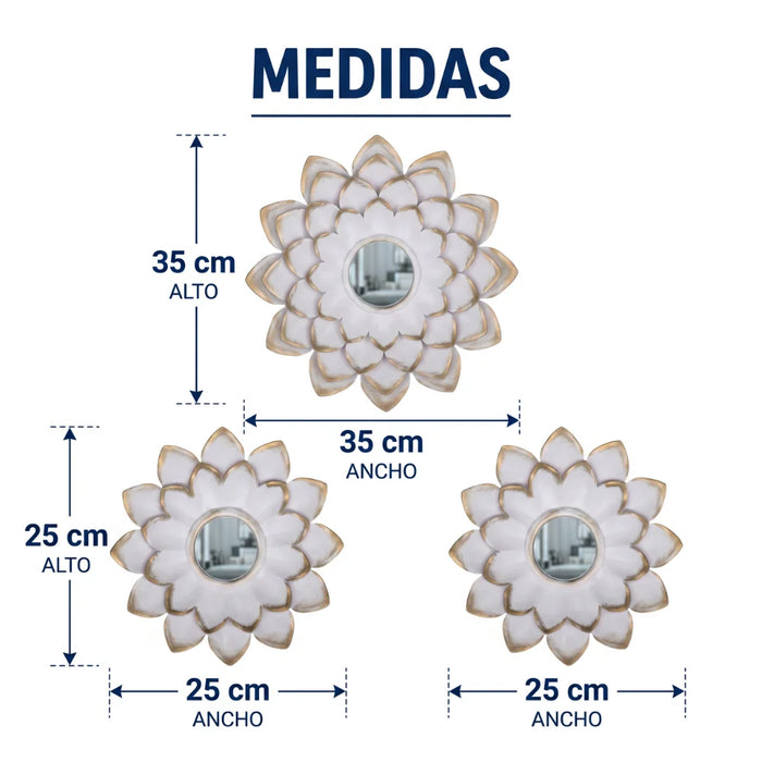 Set 3 Marcos De Espejos Flor De Loto Blanco Deco Grande