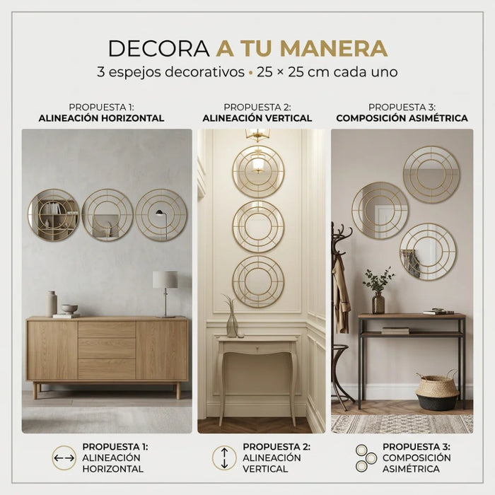 Set 3 Marcos de Espejos Redondos Modernos Decorativos Pared