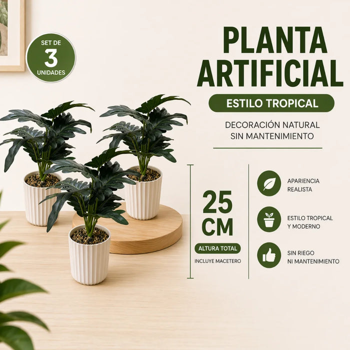 Set 3 Plantas Artificiales Decorativa Estilo Tropical Hogar