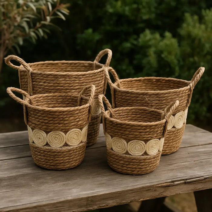 Set 4 Canasto Cesta Yute Diseño Circulos Tejido Estilo Rustico