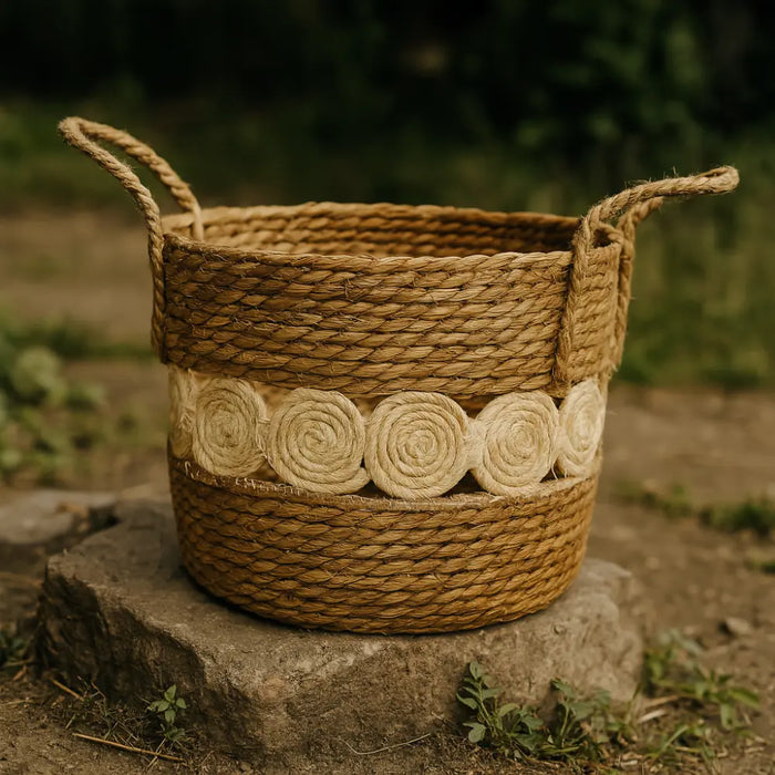 Set 4 Canasto Cesta Yute Diseño Circulos Tejido Estilo Rustico