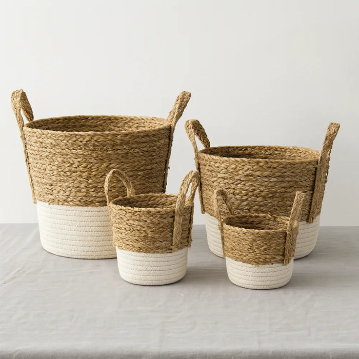 Set 4 Canastos Cesta Algodón Tejido Nudo Color Blanco Asas