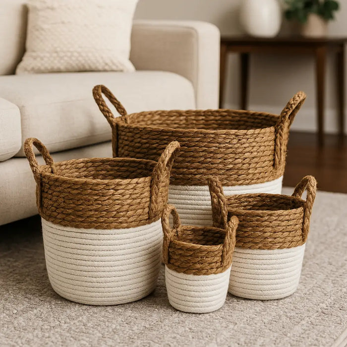 Set 4 Canastos Cesta Algodón Tejido Nudo Color Blanco Asas