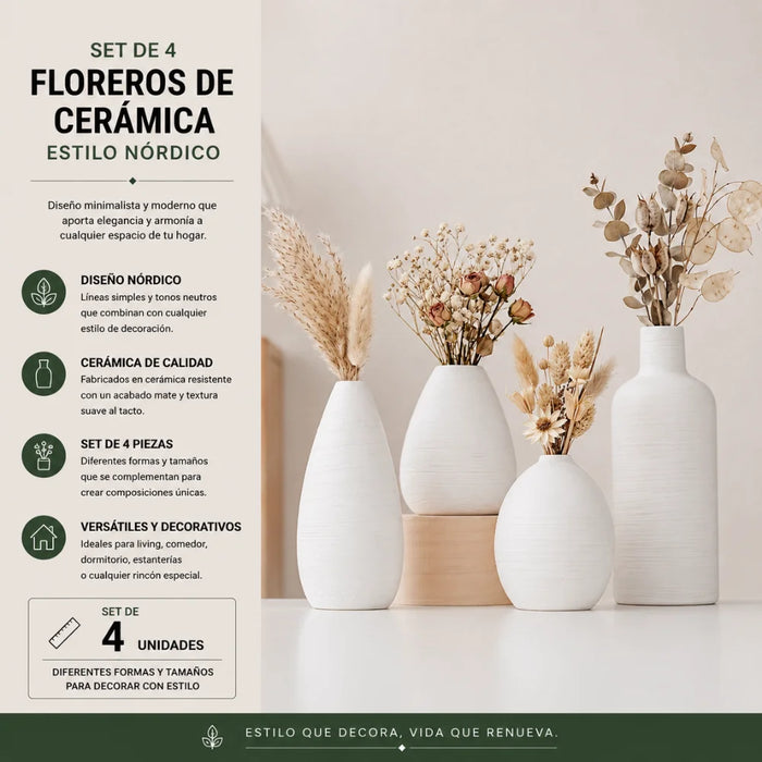Set 4 Floreros de Ceramica Decorativos Estilo Nordico Hogar
