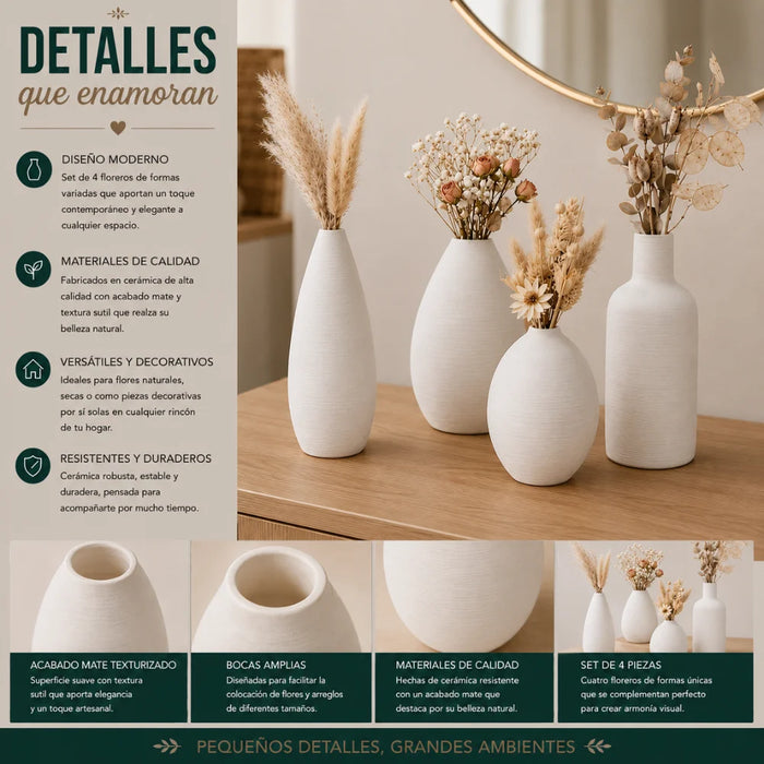 Set 4 Floreros de Ceramica Decorativos Estilo Nordico Hogar