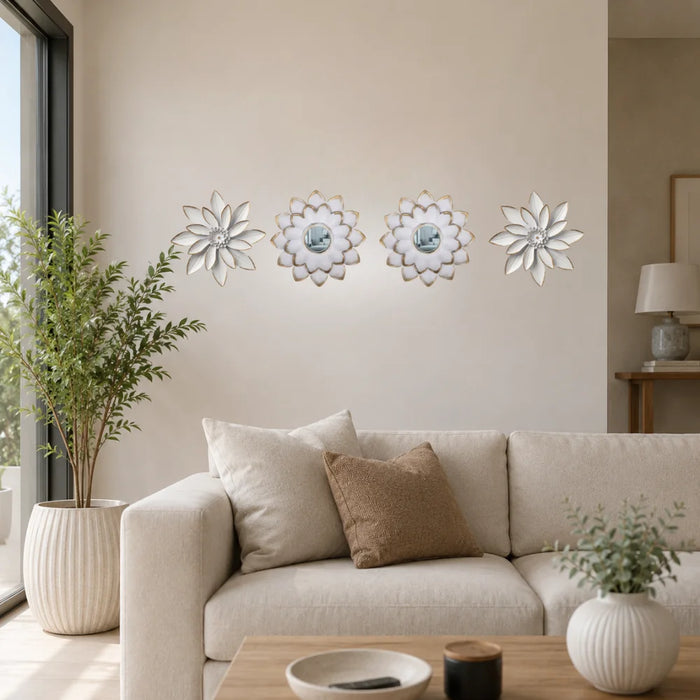 Set 4 Marcos De Espejos Flor De Loto Decorativo Blanco Deco