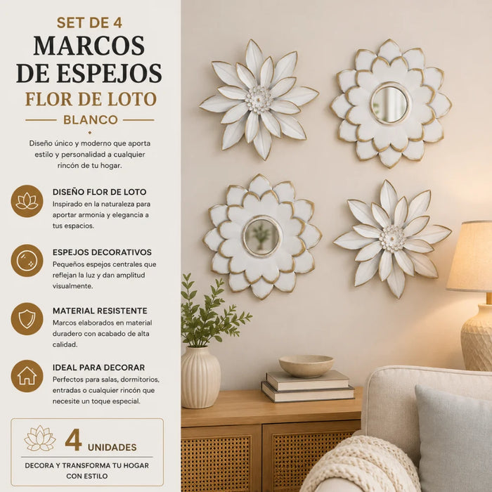 Set 4 Marcos De Espejos Flor De Loto Decorativo Blanco Deco