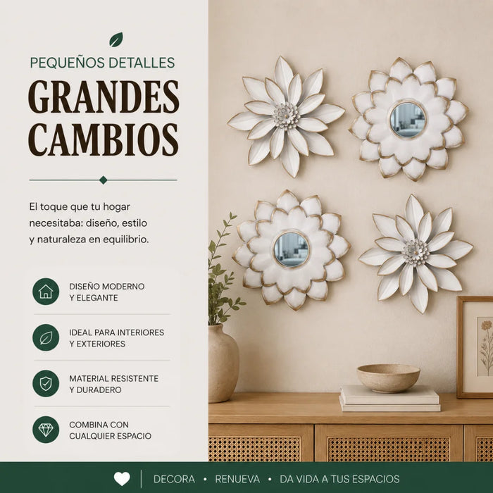 Set 4 Marcos De Espejos Flor De Loto Decorativo Blanco Deco
