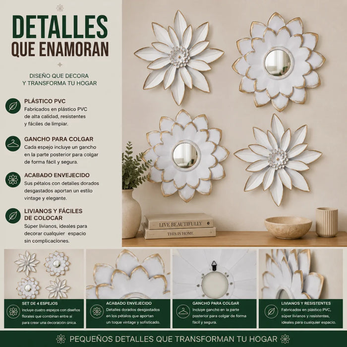 Set 4 Marcos De Espejos Flor De Loto Decorativo Blanco Deco