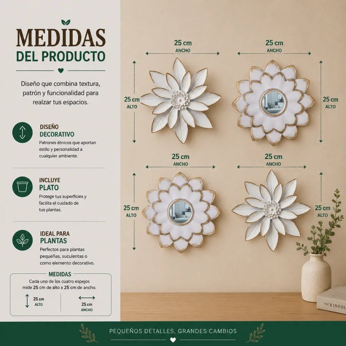 Set 4 Marcos De Espejos Flor De Loto Decorativo Blanco Deco