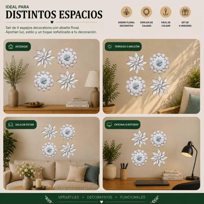 Set 4 Marcos De Espejos Flor De Loto Decorativo Blanco Deco