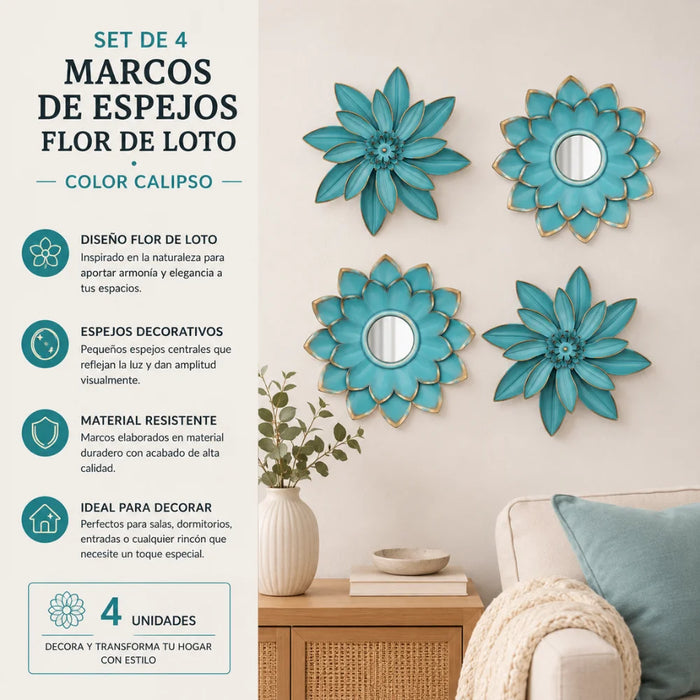 Set 4 Marcos De Espejos Flor De Loto Decorativo Calipso Deco