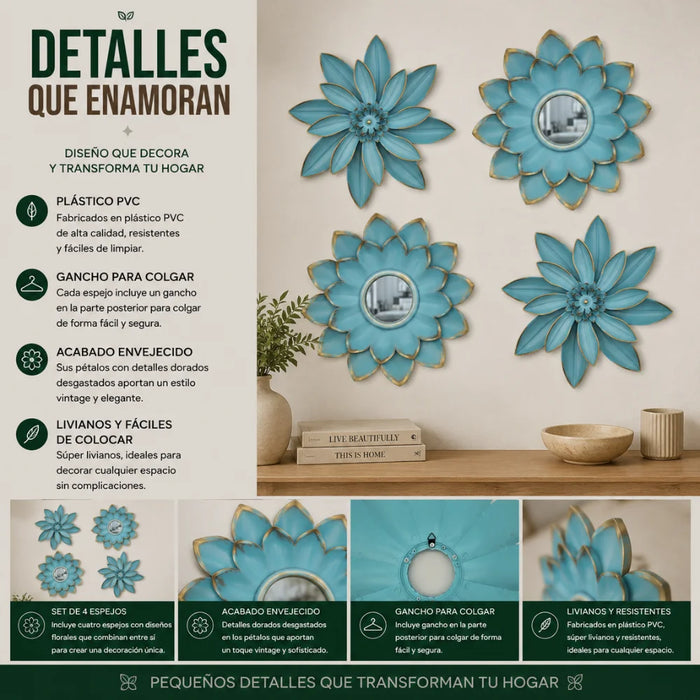 Set 4 Marcos De Espejos Flor De Loto Decorativo Calipso Deco
