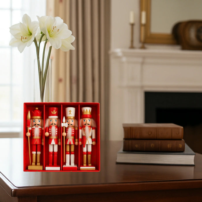 Set 4 Muñecos Cascanueces Madera 13 Cm Adorno Navideño