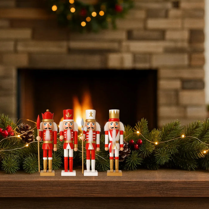 Set 4 Muñecos Cascanueces Madera 13 Cm Adorno Navideño