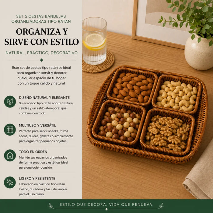 Set 5 Cestas Bandejas Organizadoras Tipo Ratan Cafe Hogar