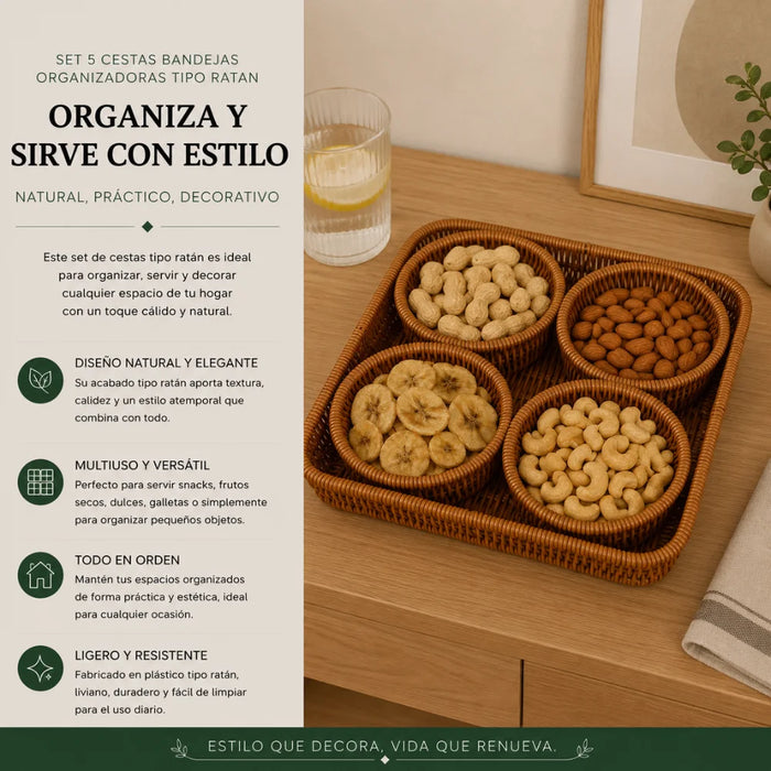 Set 5 Cestas Bandejas Organizadoras Tipo Ratan Cafe Hogar