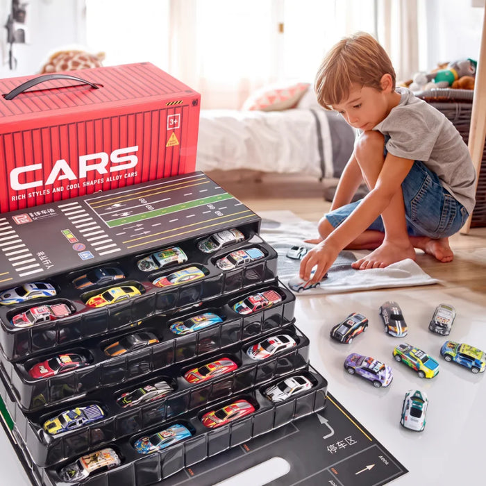 Set 60 Autitos Con Contenedor Maletín Y Pista De Juego Infantil
