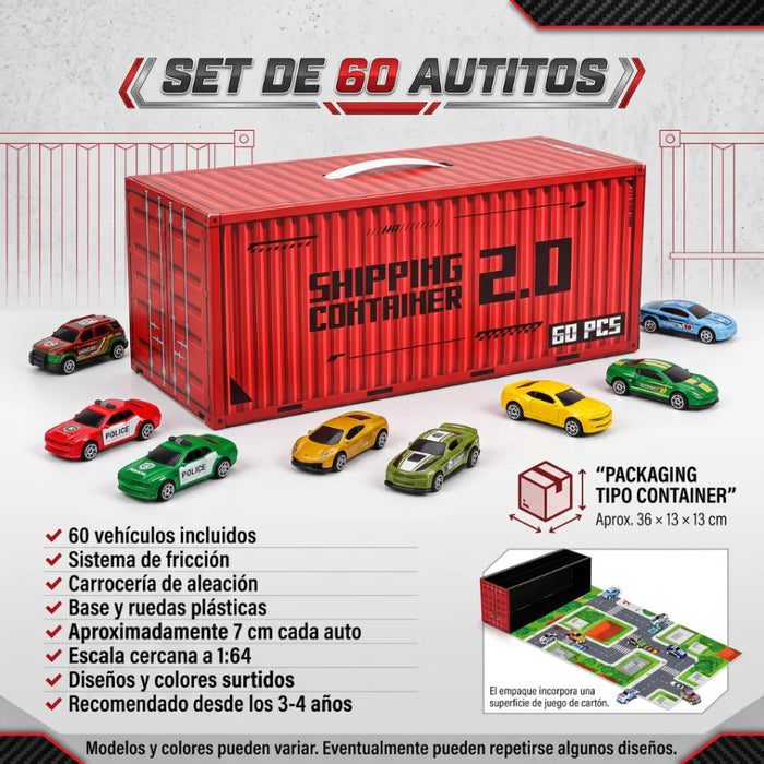 Set 60 Autitos Con Contenedor Maletín Y Pista De Juego Infantil