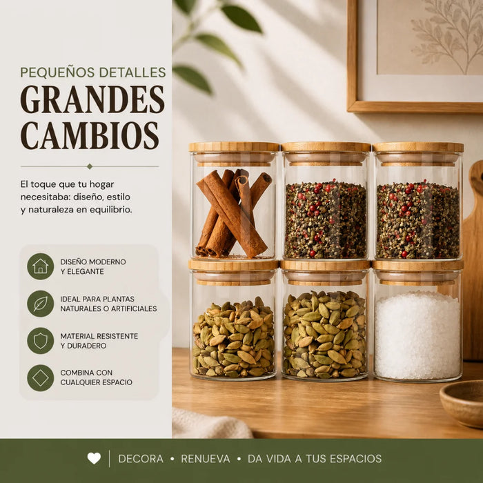 Set 6 Frascos de Especias Condimentos Con Tapa Bambu Cocina