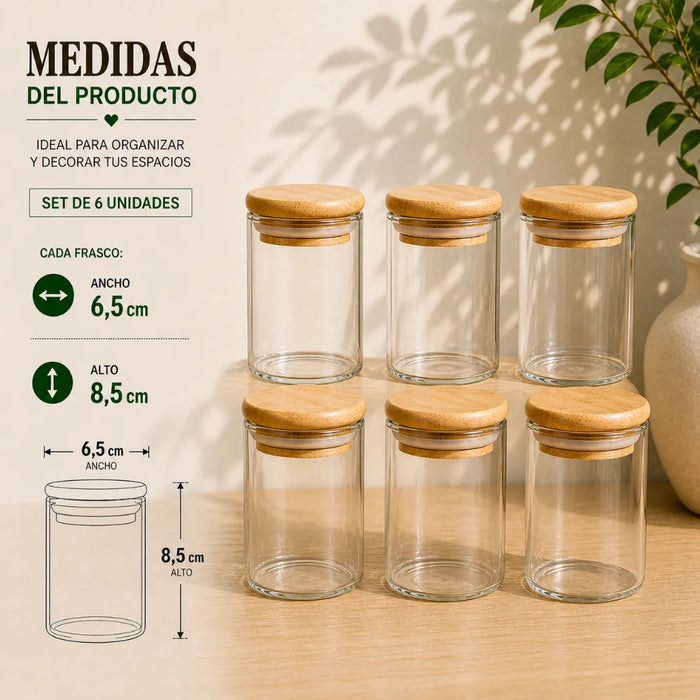 Set 6 Frascos de Especias Condimentos Con Tapa Bambu Cocina