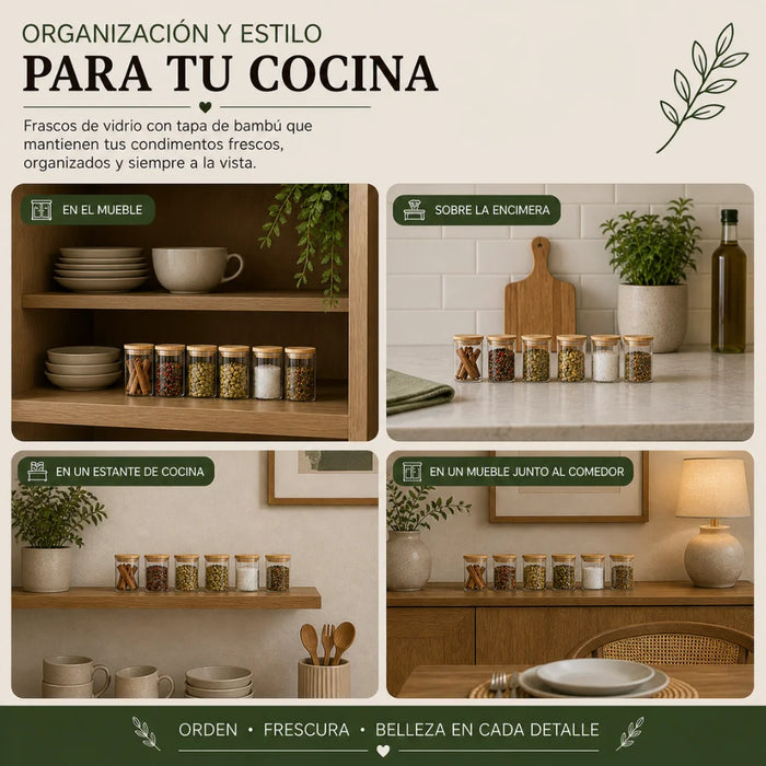 Set 6 Frascos de Especias Condimentos Con Tapa Bambu Cocina