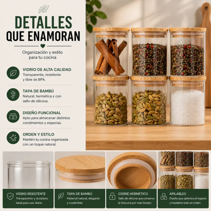 Set 6 Frascos de Especias Condimentos Con Tapa Bambu Cocina