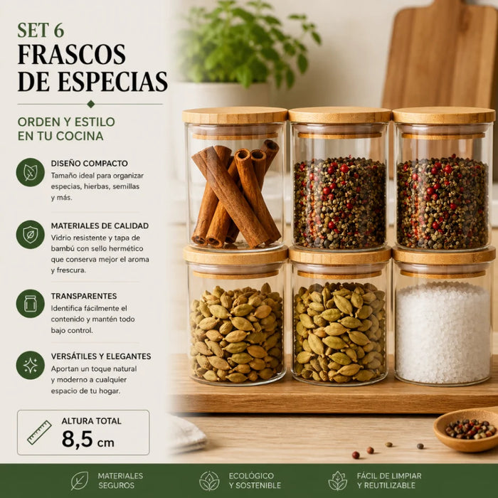 Set 6 Frascos de Especias Condimentos Con Tapa Bambu Cocina