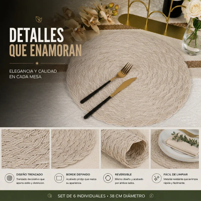 Set 6 Individuales Circulares Borde Trenzado Color Arena