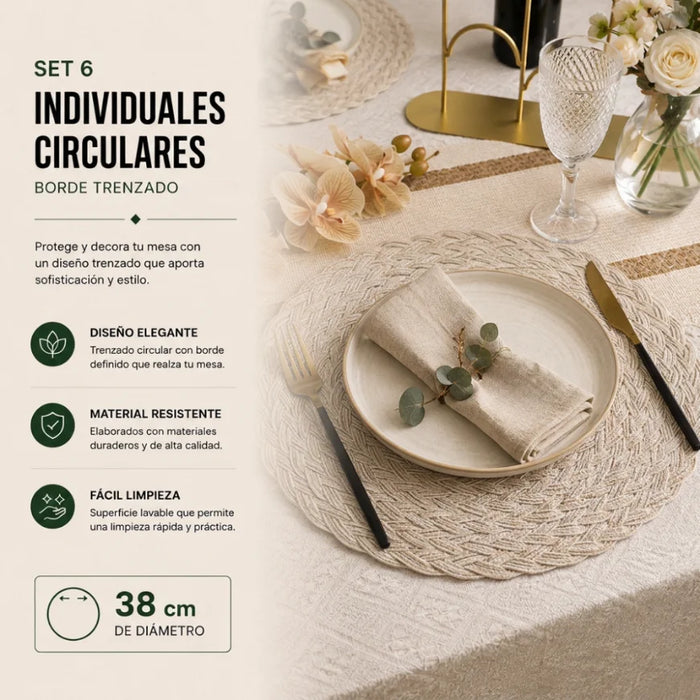 Set 6 Individuales Circulares Borde Trenzado Color Arena