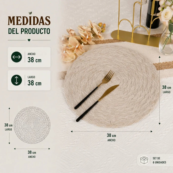 Set 6 Individuales Circulares Borde Trenzado Color Arena