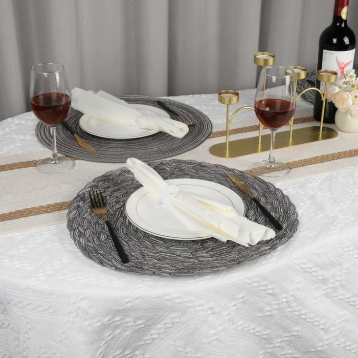 Set 6 Individuales Circulares Borde Trenzado Negro Plateado
