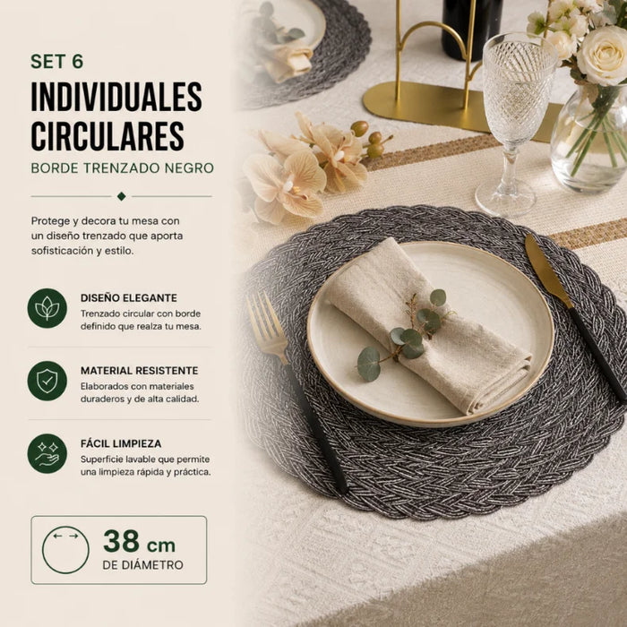Set 6 Individuales Circulares Borde Trenzado Negro Plateado